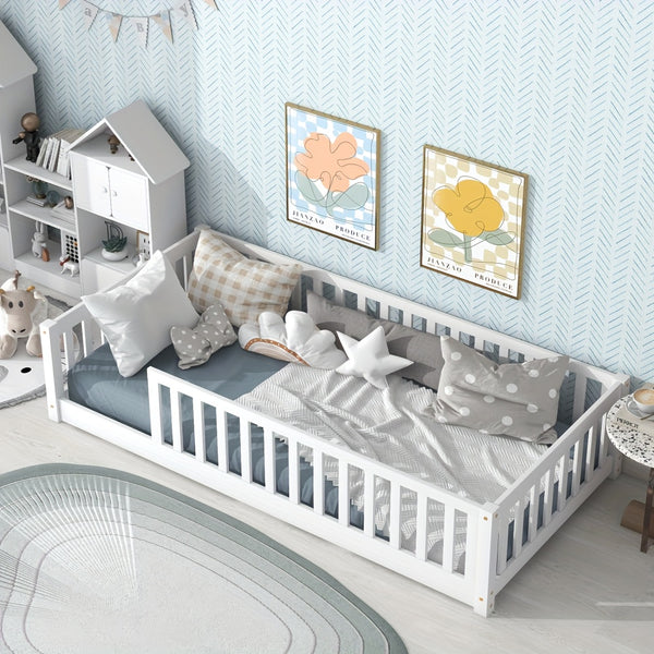 Twin Size Floor Bed with Safety Fence - Low-Profile Bed Frame, White & Wood Tone ( Brown)