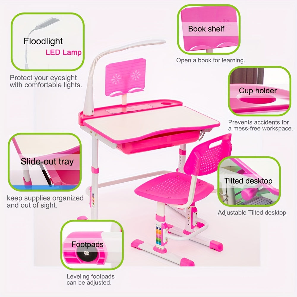LVYUAN Kids Study Desk And Chair Set, Blue Metal, Height-Adjustable, Ergonomic, with Tilting Tabletop And Adjustable Lamp
