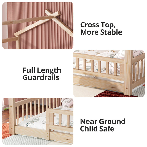 Full\u002FDouble Bed with Safety Rail, Wooden Cabin Bed for Bedroom Playroom, Easy to Assemble