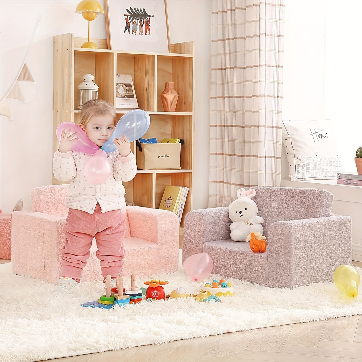 2-in-1 Convertible Sherpa Sofa to Recliner Chair - Soft Plush Gray\u002FPink\u002FWhite Youngsters Lounge Chair with Storage Pocket