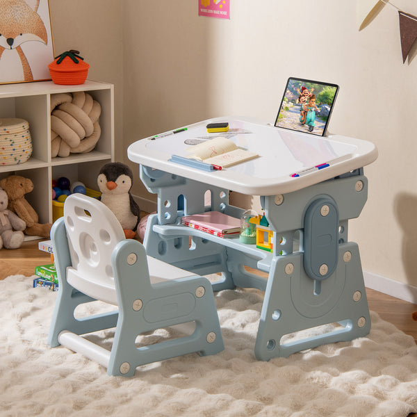 COSTWAY Kids Table and Chair Set with Adjustable Height & Tiltable Whiteboard - Blue Plastic Toddler Learning Table