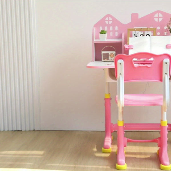 Multi Bookcase Wider Desktop Table and Chair Set Cartoon Pattern Adjustable Height Study Drawer Table with Chair