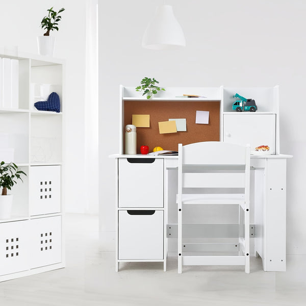 Kids Study Desk and Chair Set with Storage - White Learning Table with Bookshelf, Cabinets & Adjustable Chair