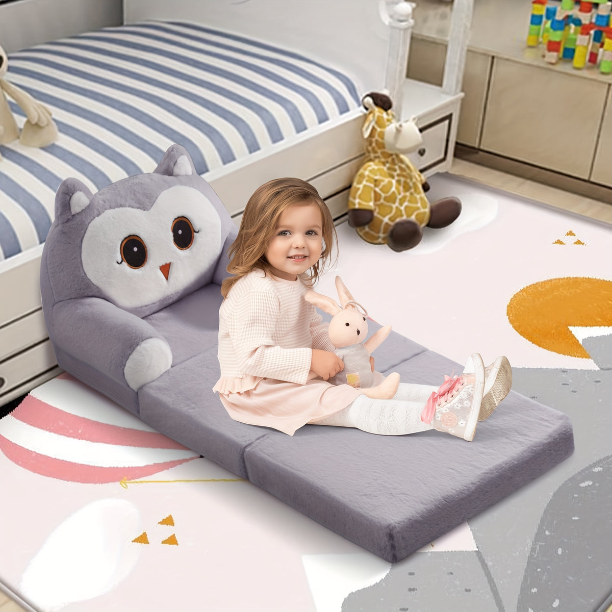 Kids Sofa Chair For, 2-in-1 Folding Soft Couch, Velvet Of Coral Washable Polyester\u002FMemory Foam
