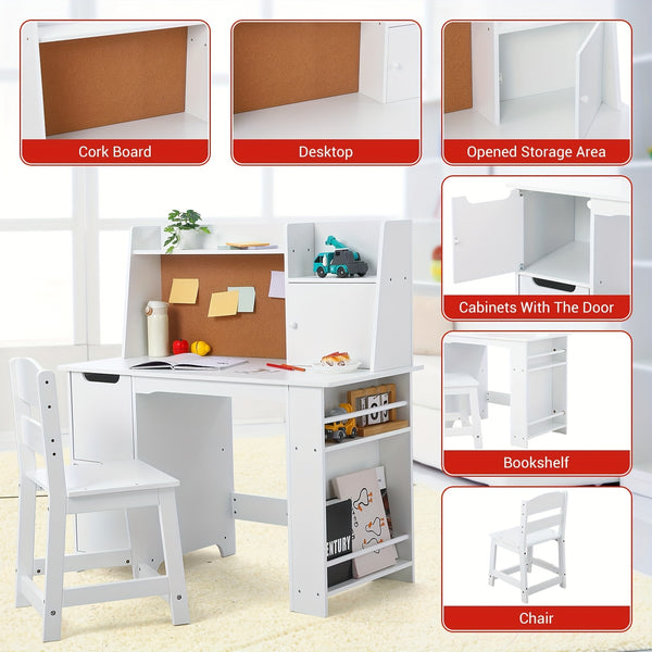Kids Study Desk and Chair Set with Storage - White Learning Table with Bookshelf, Cabinets & Adjustable Chair