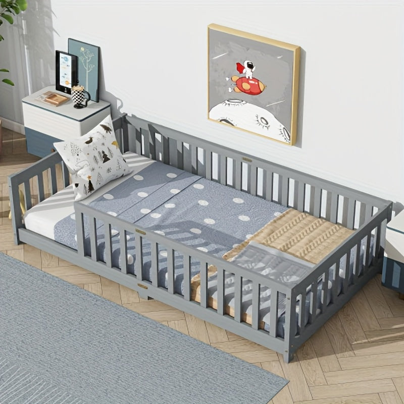 Twin Size Floor Bed with Safety Fence - Low-Profile Bed Frame, White & Wood Tone ( Brown)