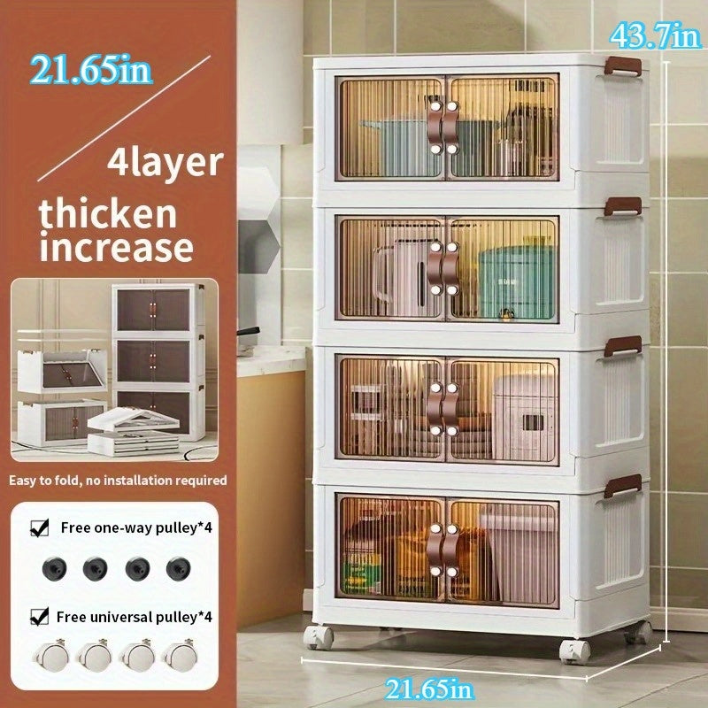 Collapsible Storage Cabinet 2\u002F4 Tiers, Large Double-Opening Storage Multi-Functional Organizer with Lid and Wheels
