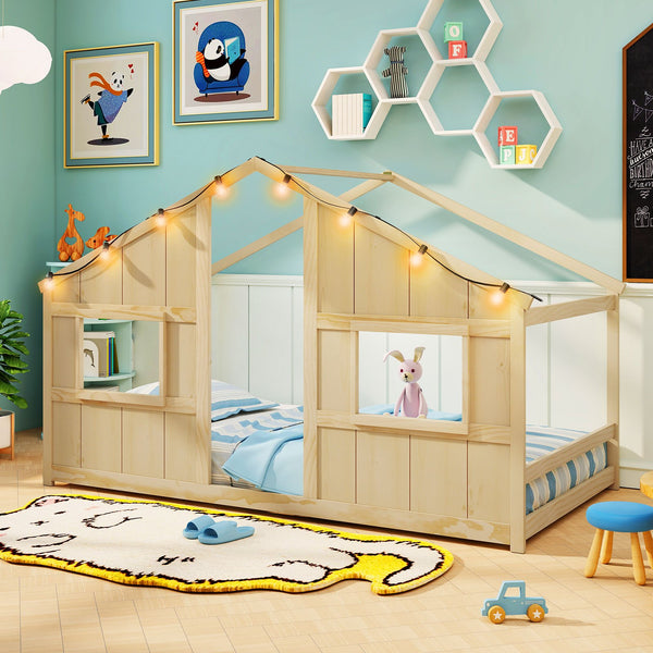 COSTWAY Twin Size House Bed with LED Lights - Slat-Free Floor Bed with Roof & Windows, Solid Wood Construction