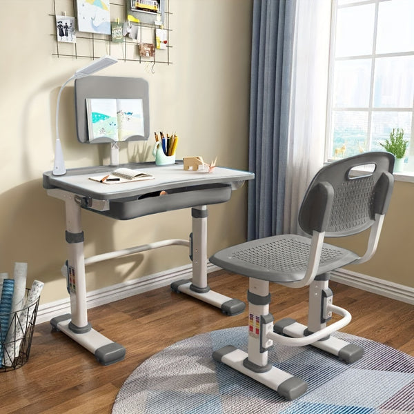LVYUAN Kids Study Desk And Chair Set, Blue Metal, Height-Adjustable, Ergonomic, with Tilting Tabletop And Adjustable Lamp