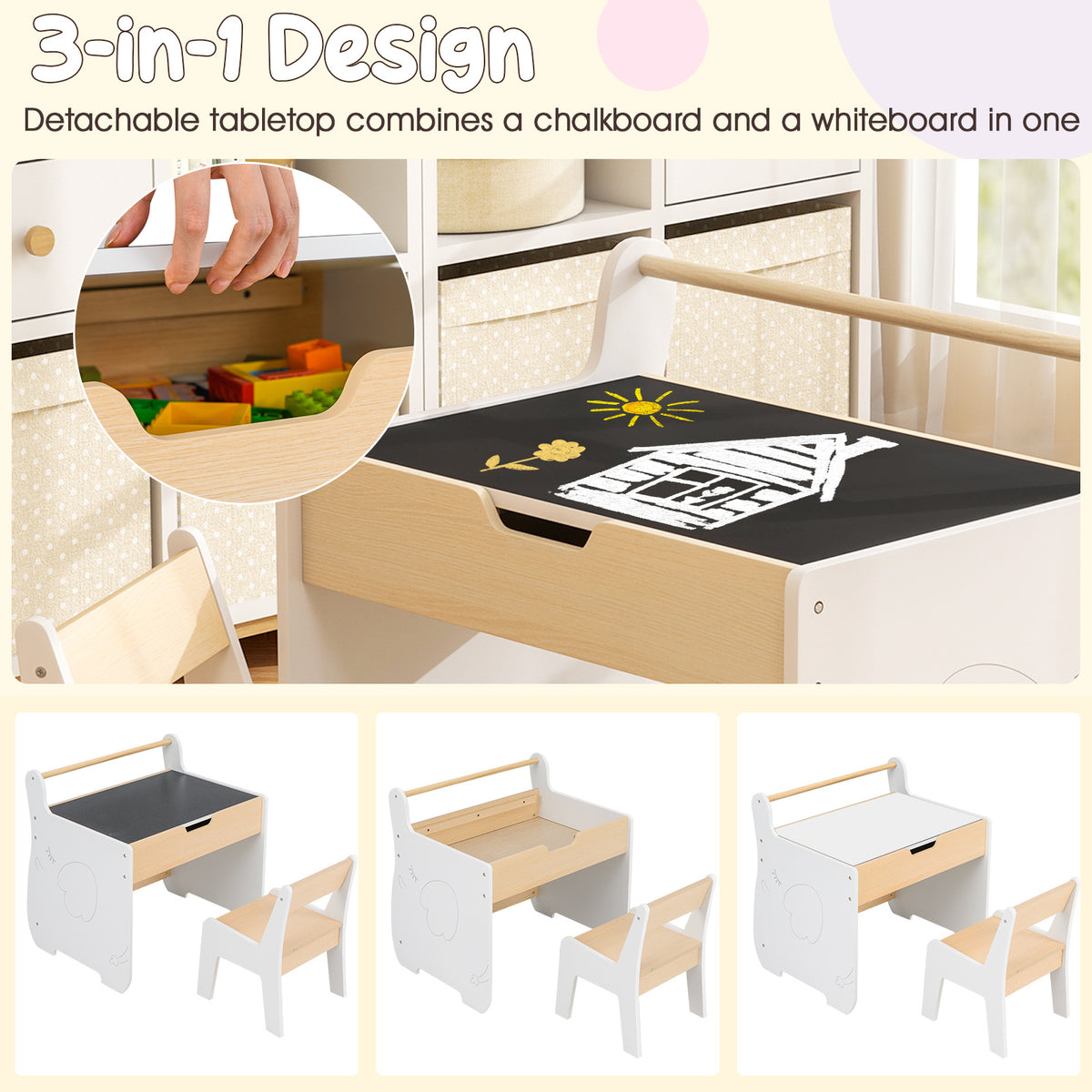 LIFEZEAL Kids Table and Chair Set, Wooden Activity Desk and Chair Set with 2-in-1 Detachable Tabletop