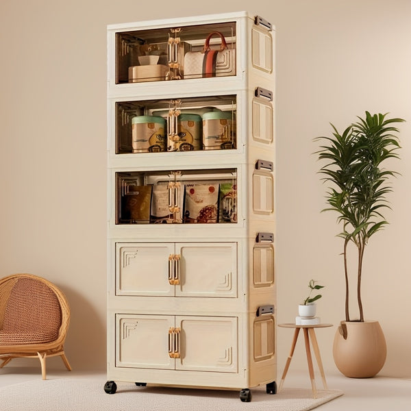 3-6 Tier Heavy-Duty Foldable Storage Cabinet with Wheels - Durable Plastic Organizer for Kitchen