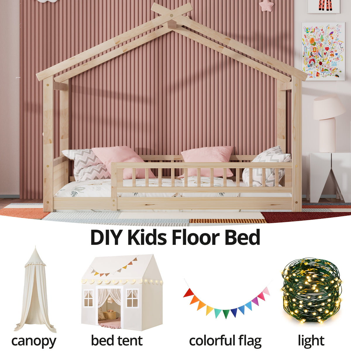 Full\u002FDouble Bed with Safety Rail, Wooden Cabin Bed for Bedroom Playroom, Easy to Assemble