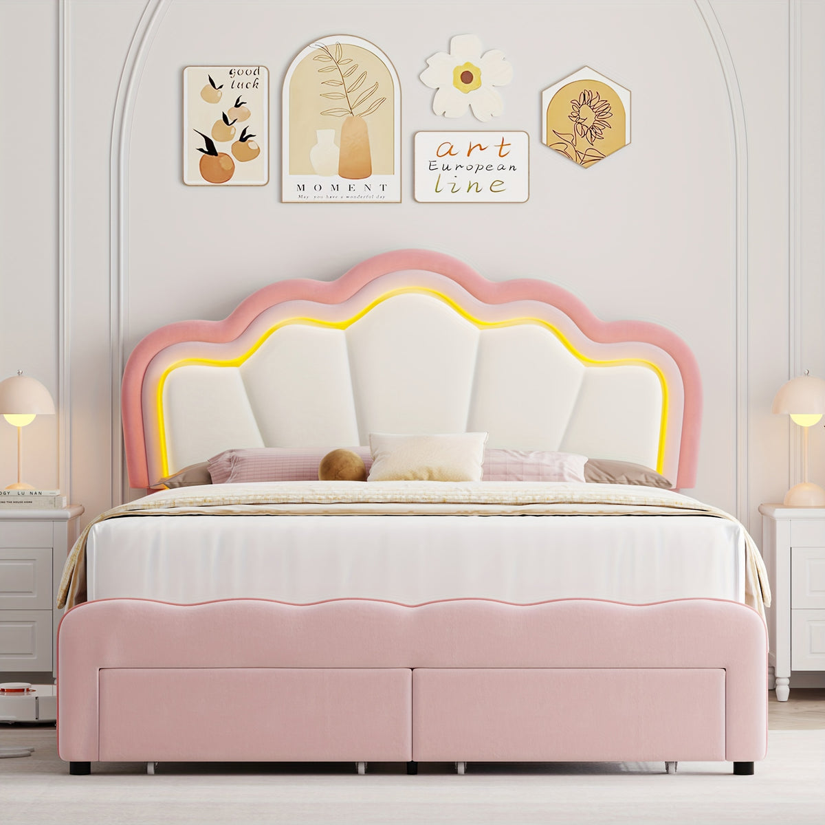 FULTRU Twin\u002FFull Size Led Bed Frame, Pink\u002F Blue Platform Bed With Large Drawer