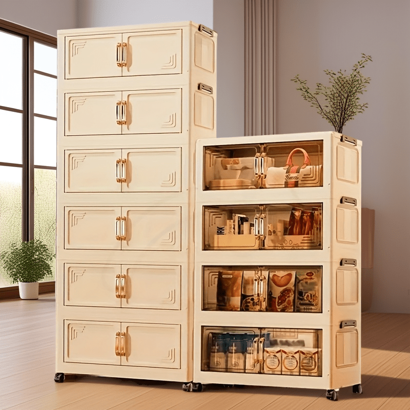 3-6 Tier Heavy-Duty Foldable Storage Cabinet with Wheels - Durable Plastic Organizer for Kitchen