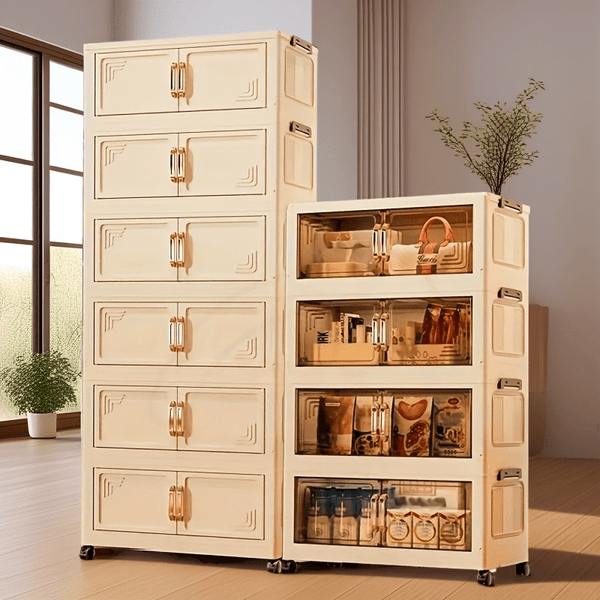 3-6 Tier Heavy-Duty Foldable Storage Cabinet with Wheels - Durable Plastic Organizer for Kitchen