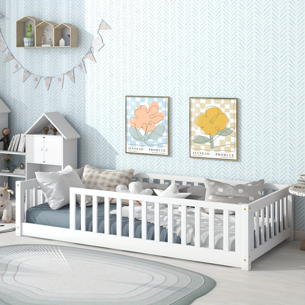 Twin Size Floor Bed with Safety Fence - Low-Profile Bed Frame, White & Wood Tone ( Brown)