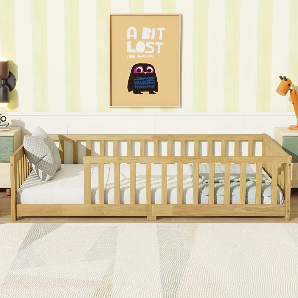 Twin Size Floor Bed with Safety Fence - Low-Profile Bed Frame, White & Wood Tone ( Brown)