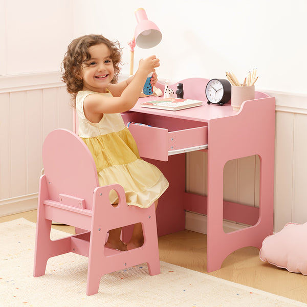 Pink Girls' Modern Study Table and Chair Set with Storage Shelf - Sturdy Hardwood Construction
