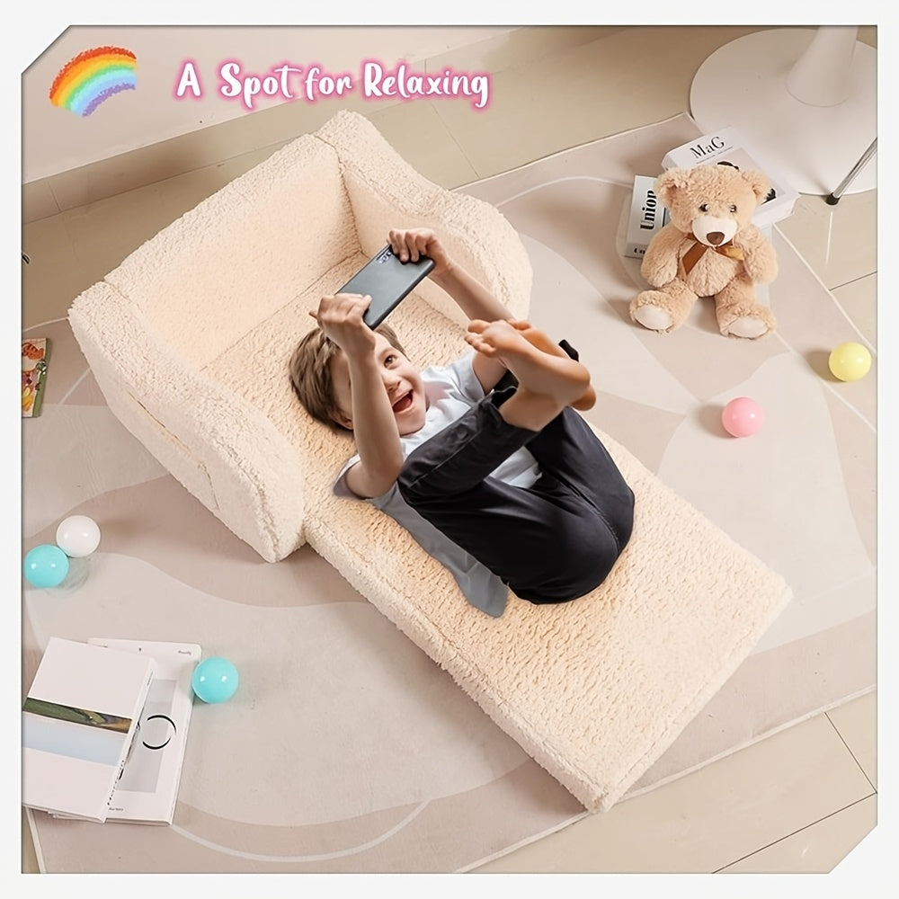2-in-1 Convertible Sherpa Sofa to Recliner Chair - Soft Plush Gray\u002FPink\u002FWhite Youngsters Lounge Chair with Storage Pocket