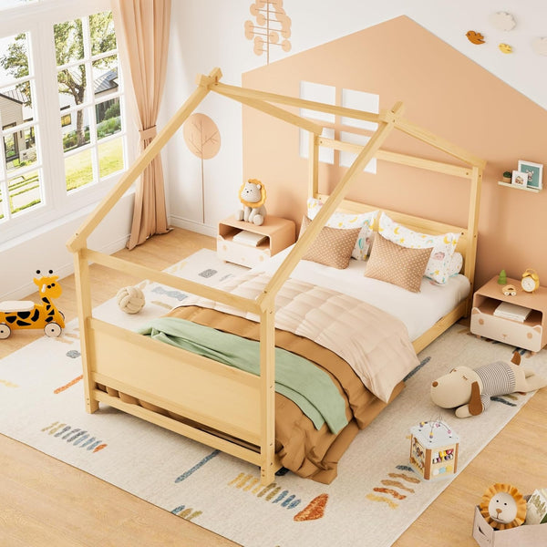 Twin Floor House Bed Frame with Headboard & Footboard - Sturdy Hardwood Construction, Space-Saving Floor Bed for Toddlers
