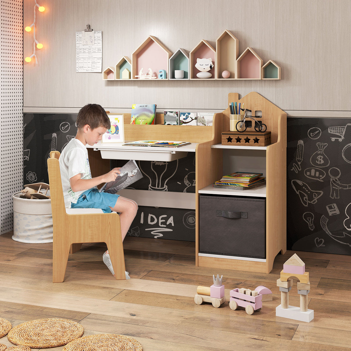 COSTWAY Kids Study Desk and Chair Set, Children Study Table w\u002F Open Shelves