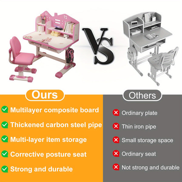 Multi Bookcase Wider Desktop Table and Chair Set Cartoon Pattern Adjustable Height Study Drawer Table with Chair