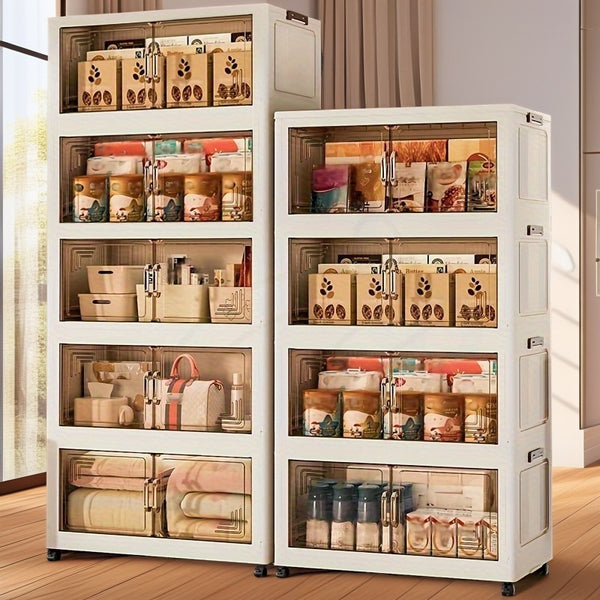 3-6 Tier Heavy-Duty Foldable Storage Cabinet with Wheels - Durable Plastic Organizer for Kitchen