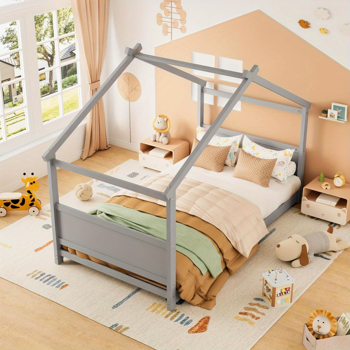 Twin Floor House Bed Frame with Headboard & Footboard - Sturdy Hardwood Construction, Space-Saving Floor Bed for Toddlers