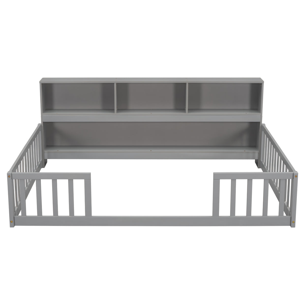 Bellemave Full Size Floor Bed with Bookcase & Shelves - Low-Profile Kids Bed with Safety Guardrails