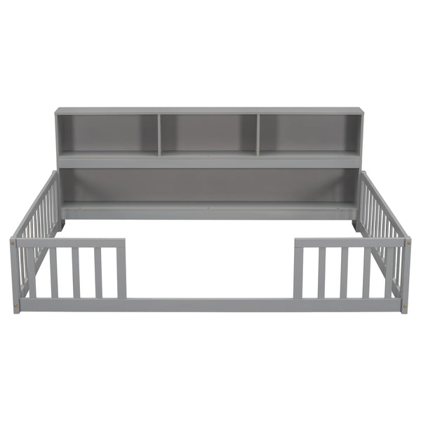 Bellemave Full Size Floor Bed with Bookcase & Shelves - Low-Profile Kids Bed with Safety Guardrails