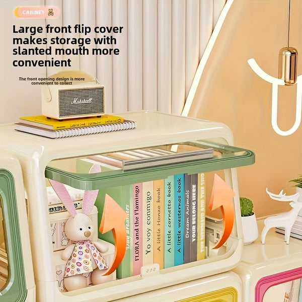 Rolling Storage Cabinet Stackable Plastic Organizer Bins with Transparent Doors & Wheels - Multifunctional Rolling Storage Cabinet in Soft Pastel Colors