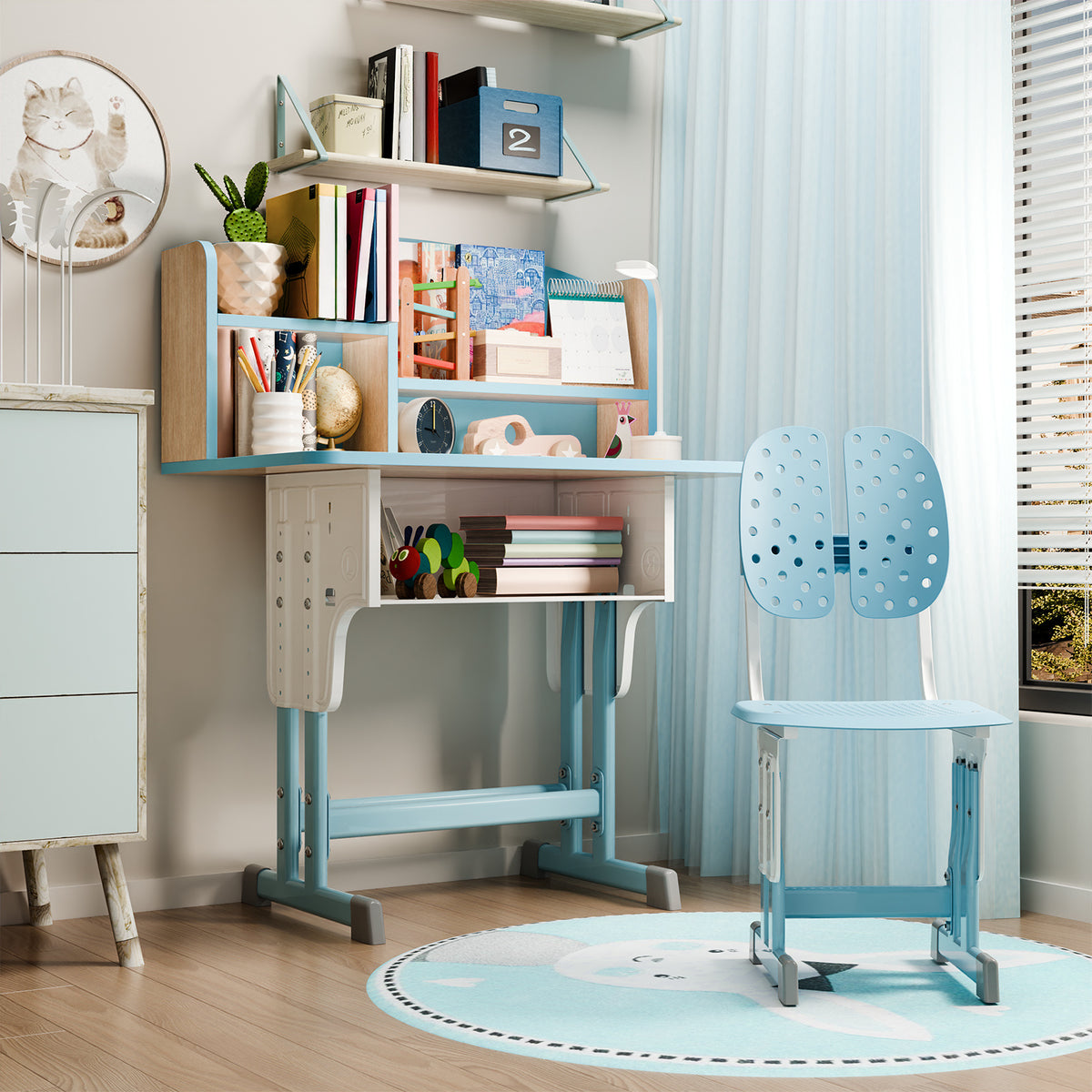 2Pcs\u002FSet Desk Chair Set, Adjustable Height School Leaning Table Chair Set with Drawer Design