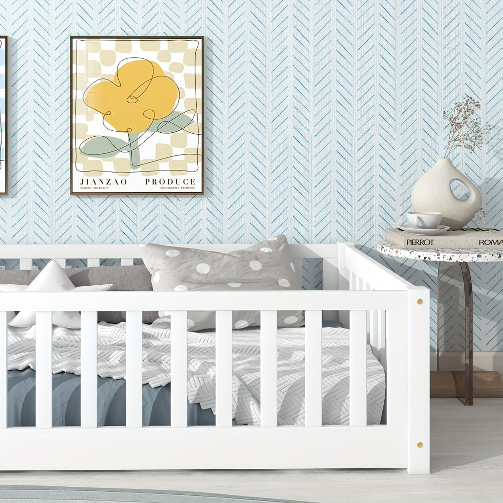 Twin Size Floor Bed with Safety Fence - Low-Profile Bed Frame, White & Wood Tone ( Brown)