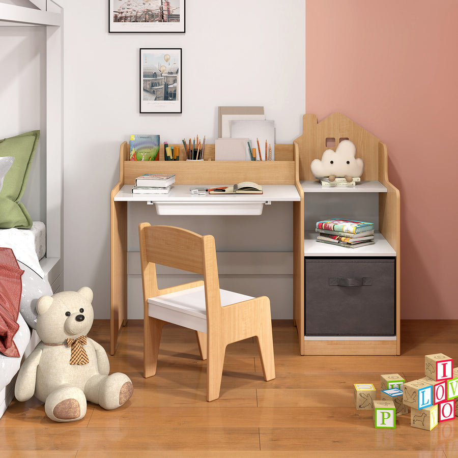 COSTWAY Kids Study Desk and Chair Set, Children Study Table w\u002F Open Shelves