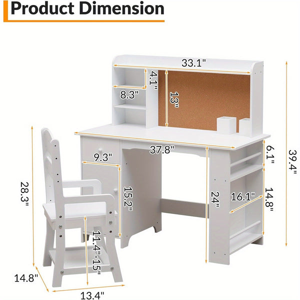 MERXENG Kids Study Desk and Chair Set - White Retro Style with Bookshelf, Bulletin Board, Cabinets & Drawer